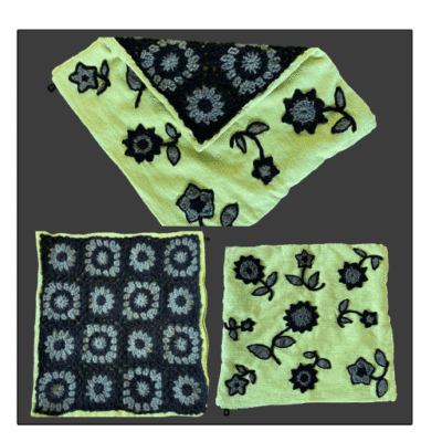 .Kleedje/kussenhoes gehaakte bloemen limoengroen/zwart/herfstgroen